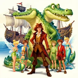 Color concept art of actor Cedric Hardwicke in Neverland as Captain Hook, Giant Crocodile, Lost Boys, Peter Pan, Pirate’s Ship, Tinkerbell, Mermaids, Trending on Artstation, Detailed