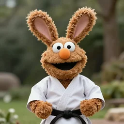 a fluffy brown furred elmo with big soft rabbit ears wearing a karate uniform out in nature, photography, photorealistic, muppet, national geohraphic