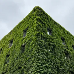 a building covered with small green leaves under a cloudy sky,high detailed