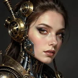 close - up portrait of a beautiful female steampunk android in the style of karol bak, moebius