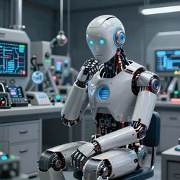 an I Robot sitting and thinking on an electronic laboratory, the thinker, by mario feng, ray tracing, master shot, octane render, 8k, ultra hd, perfect light