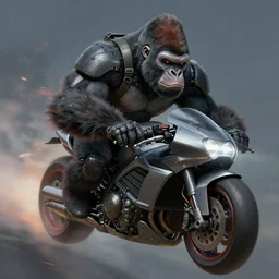 a cybernetic gorilla bounty hunter flying a interstellar motorcycle, concept art, detailed face, fantasy, highly detailed, cinematic lighting, digital art painting by greg rutkowski