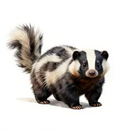 watercolor style skunk, clean 3d render, full body, isolated on a pure white background, centered, entire subject in frame, sharp focus, soft studio lighting