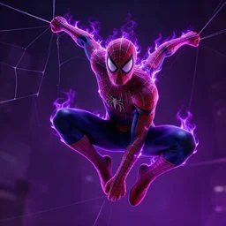 Spider Man swinging from webs made of purple fire, dramatic lighting, cinematic, establishing shot, extremely high detail, photo realistic, cinematic lighting, post processed, concept art, artstation, matte painting, style by eddie mendoza, raphael lacoste, alex ross