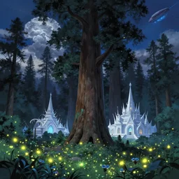 a giant sequoia forest with fireflies an luminescent wild flowers and futuristic white temples at night and lots of cummulonimbus clouds and a spaceship by makoto shinkai, by moebius!, by oliver vernon, by joseph moncada, by damon soule, by manabu ikeda, by kyle hotz, by dan mumford, by kilian eng