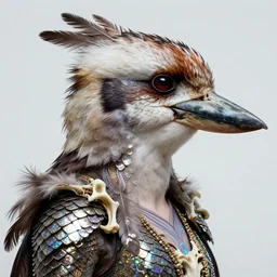 3 d goddess close - up profile portrait with feathers, fur, and bones. beautiful intricately detailed kookaburra mask and retrowave sorceress outfit. lizard scales, reflective chitin, optical mineralogy, songlines, plasma, creature, artwork by tooth wu and android jones wlop and android jones and beeple and greg rutkowski