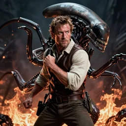 Portrait of Colonial Marine Hudson (Bill Paxton) Fighting a xenomorph, darkness and flames  , film still from Aliens by James Cameron