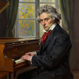 beethoven sitting on a stool behind an oak piano, window in the background, hyperrealistic, detailed face, dark background, warm colors, colorful, oil painting, 8 k