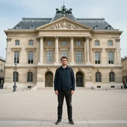 a french person standing in front of a public building