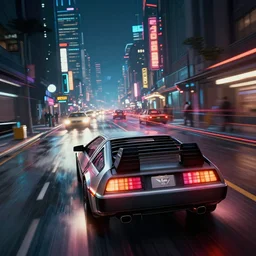 photo of the back to the future combat delorean driving on wet cyberpunk city streets at night, rocket league, mad max, action, speed, volumetric lighting, hdr, gta 5, makoto shinkai, syd mead, craig mullins, cinematic, fast and furious, octane, 8 k, iso 1 0 0, 1 2 mm