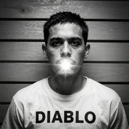prison mugshot of diablo, bright flash, black and white, inspired by 8 k octane render, vignette, grim expression, realistic, low saturation