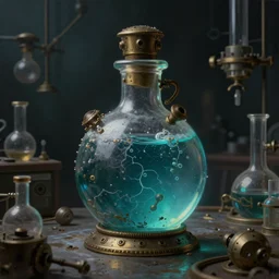 a painting of a steampunk aqua potion bottle in a dark dusty vintage science lab, by h. r. giger, hyperrealistic fantasy art, concept matte, ethereal, dreamy, digital art, trending on artstation, volumetric cinematic lighting