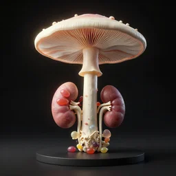 Simple anatomic, bionic exploded drawing, crossection fungus skeleton sculpture, jellybeans, organs, kidney, by david lachapelle, by angus mckie, by rhads, in a dark empty black studio hollow, c4d, at night, rimlight, c4d, by jonathan ivy, by alex grey, Haeckel
