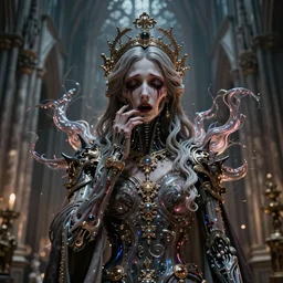 portrait of the priestess of pain and sorrow, gothic cathedral,bio-mechanical tendrils, chaotic swirling ferrofluids, baroque, octane render, glow, surreal dramatic lighting, intricate details and ornaments, 8k, cinematic, blur, shallow depth of field