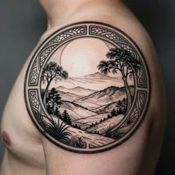 round mirrored minimalist art nouveau shoulder tattoo, wide, intricate detail, simple lines