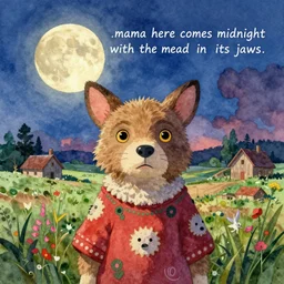 bright dramatic lighting colorful watercolor painting titled'mama here comes midnightwith the dead moon in its jaws ', magical realism folk art cute, portrait of hybrid animal protagonist in a rural area, highly detailed, painted by pixar and studio ghibli, shocking detail trending on artstation 8 k