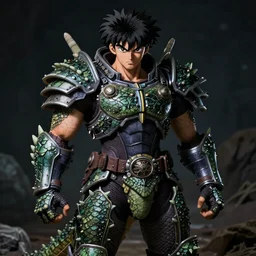 anime of young hispanic man with facial stubble, brown eyes, full body, reptile armor by akira toriyama hyper realistic, dark fantasy detailed, high definition insanely detailed, bitter wide angle lens dark lighting, moody lighting