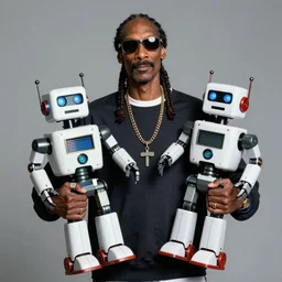 Snoop Dogg holding two robots for a 1990s sitcom tv show, Studio Photograph, portrait, C 12.0