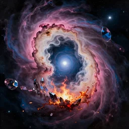 a photorealistic portrait of the birth of the singularity, crystal, airbrushed, smoky swirls of pink purple black blue cream nebulae, dark, a gate to infinity, fire, paint splashes, shadows, beyond the stars into the void, vector art, rule of thirds, detailed digital matte painting by kim jung gi and greg rutkowski