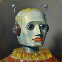a vintage robot head made out of jello aspic salad by giuseppe arcimboldo, oil on canvas