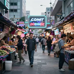 an award winning photograph of a cyberpunk market by Liam wong and Lee Friedlander, masterpiece, wide angle, dof