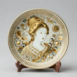 intricate japanese carved porcelain with gilding western woman portrait, celestial overgrowth, photorealistic, elegant, artgerm, peter mohrbacher