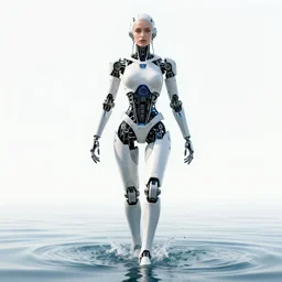 beautiful centered Fine art photo portrait of Jessica Nigri as a solarpunk robotic humanoid treading on water, white mechanical parts with led lights, photorealistic, white background, highly detailed and intricate, sun lighting, HDR 8k