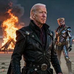 a very very detailed photo of Dark and evil Joe Biden with attending Burning Man on the Playa with transhuman Donald Trump survivalist covered in body glitter, very very detailed, photorealism, Photoshop, very coherent, HD