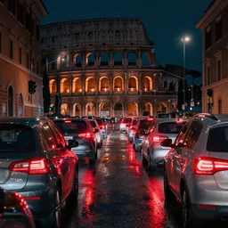 car chase in rome at night, cars waiting for traffic light, high buildings, architecture, red taillights, puddles, reflections, color grading, craig mullins, greg rutkowski