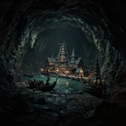 a secret pirate town and harbor, in a cave. underexposed, dark, centered. atmospheric matte painting by darek zabrocki and emmanuel shiu, 4 k ultra detailed, cinematic.