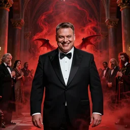 hyper realistic portrait of satanic viktor orban depicted as the antichrist in tuxedo, evil smile, red mist in hell, monastery interior, gorgeous lighting by kim jung giu weta studio, mucha, bautista and norman rockwell and greg rutkowski and tom bagshaw and james gurney and lucasfilm