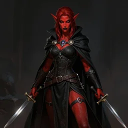 Dungeons and Dragons character art of a female tiefling, red skin, black cloak, holding daggers