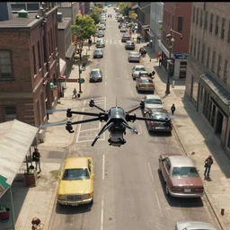 low altitude drone footage of a street in 1960s Detroit, still from a Disney & Pixar cgi film (2016)