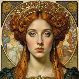 detailed realistic beautiful young medieval queen face portrait by jean delville, gustave dore and marco mazzoni, art nouveau, symbolist, visionary, gothic, pre - raphaelite. horizontal symmetry by zdzisław beksinski, iris van herpen, raymond swanland and alphonse mucha. highly detailed, hyper - real, beautiful