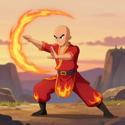 [ squidward ] wearing fire nation clothing and practicing firebending outside at susnset