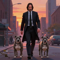 keanu reeves as john wick walks into the sunset with his grey pitbull, urban setting background, feeling of sadness, detailed digital matte painting in the style of simon stalenhag and bev dolittle zdzisław beksinski, greg hildebrandt artstation, psychedelic
