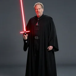 Harvey Weinstein dressed in the dark black robes of a Sith lord, holding a red lightsaber