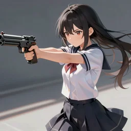 “ anime, cut, female, a pretty girl wearing a school uniform and fighting with a gun, highly intricate detailed, light and shadow effects, intricate, highly detailed, digital painting, art station, concept art, smooth, sharp focus, illustration, advanced digital anime art, the most beautiful thing in the real world, so detailed that the ai drew it ”