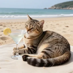 photo of a cat chilling out on the beach and sipping a martini