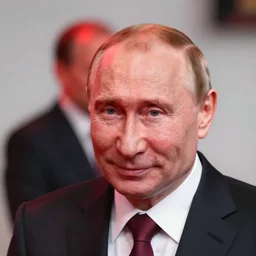 in the style of gottfried helnwein. a smiling vladimir putin in red light. from above. shallow focus. wide angle
