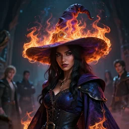 a fancy portrait of a beautiful dark magician women wearing a great witches hat covered in colourfull flames by Greg Rutkowski, Sung Choi, Mitchell Mohrhauser, Maciej Kuciara, Johnson Ting, Maxim Verehin, Peter Konig, final fantasy , mythical, 8k photorealistic, cinematic lighting, HD, high details, atmospheric,
