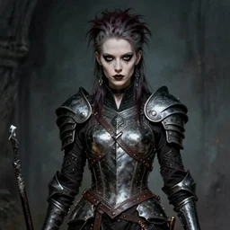 portrait of a skinny punk goth sorceress wearing armor by simon bisley, john blance, frank frazetta, fantasy, barbarian
