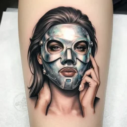 tattoo of woman taking mech mask from her face, concept art