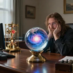 A brightly shining glass orb containing the universe sits on God's desk in his office next to a perpetual motion machine, God sits bored looking at the orb