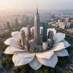 digital art, professional aerial drone view of an organic city on top of a giant flower,petals,at dawn,concept art,HDR,unreal engine,8k