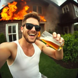 a selfie of a bloke wearing a tank top, sunglasses, drinking beer, happy that his house is on fire, high quality, detailed, a beautiful photograph from the nineties