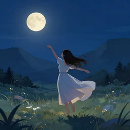 a beautiful illustration of a girl dancing in the night of the valley, with her back facing the viewer, moon hanging in the sky,