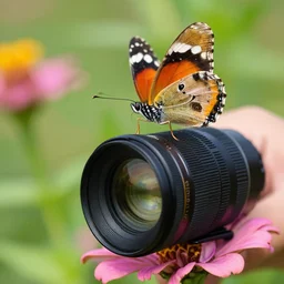 a zoom lens photo of a butterfly on a flower.