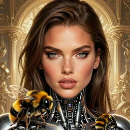 the face of beautiful, grand, soft, polished, enticing bumblebee cyborg adriana lima | an ultrafine hyperrealistic illustration by artgerm and mucha and beeple : : intricate linework, final fantasy, unreal 5, octane render, global illumination, radiant light, intricate environment