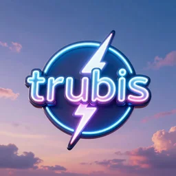 3d render of a logo that says trubis, neon, good lightning, background of colorful sky